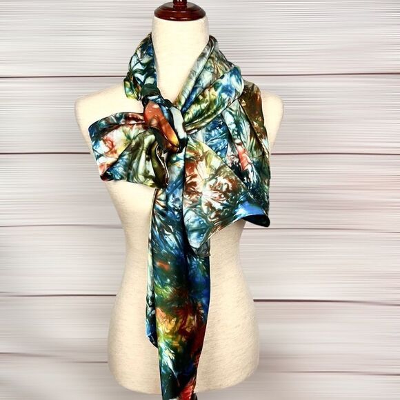 Large Silk Satin Square Scarf Abstract Print Hand Rolled - Picture 7 of 11